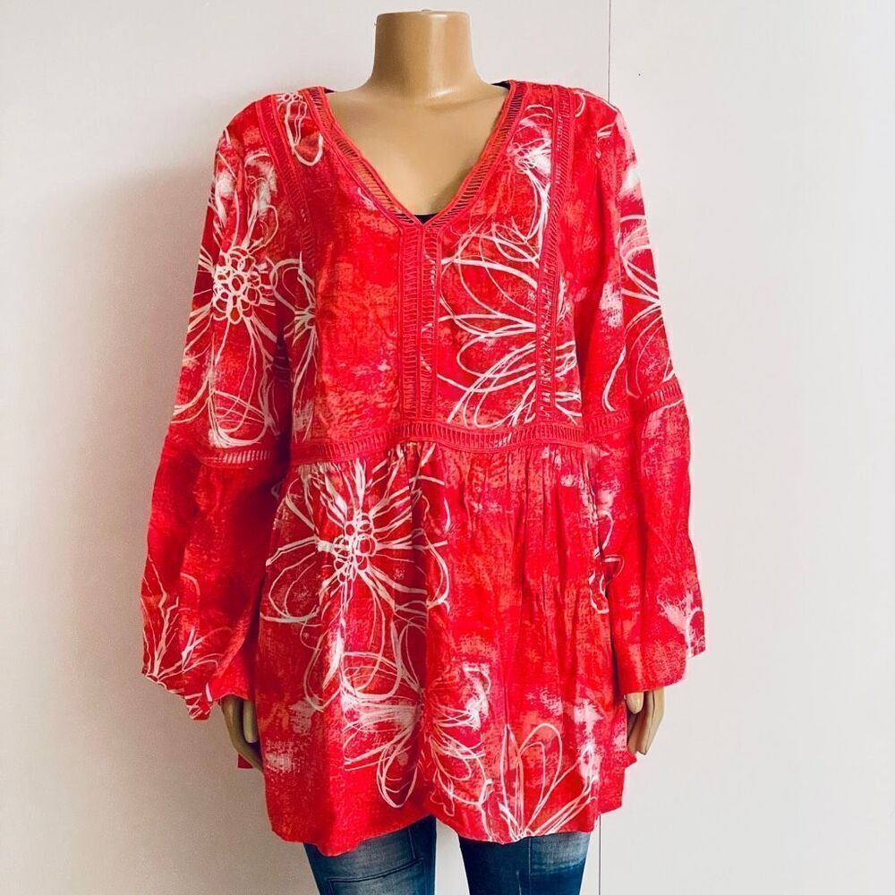 NWT Avenue 20 Plus Size Orange Red Plus Size Top Boho Bell Sleeve Tunic Top
